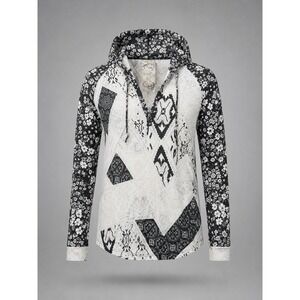 G. Girl Mixed Print Boho Hoodie Black White Floral Ikat V-Neck Medium Burnout
